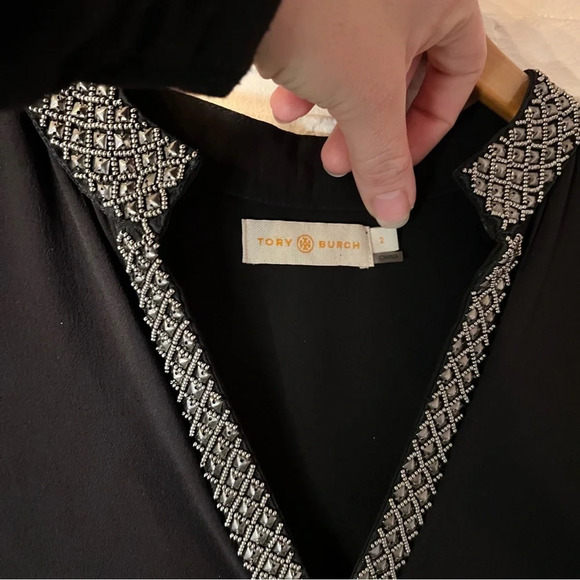 Tory Burch Black Long Sleeve Embellished Studded Silk Top, Women’s Size 2 - Picture 7 of 9